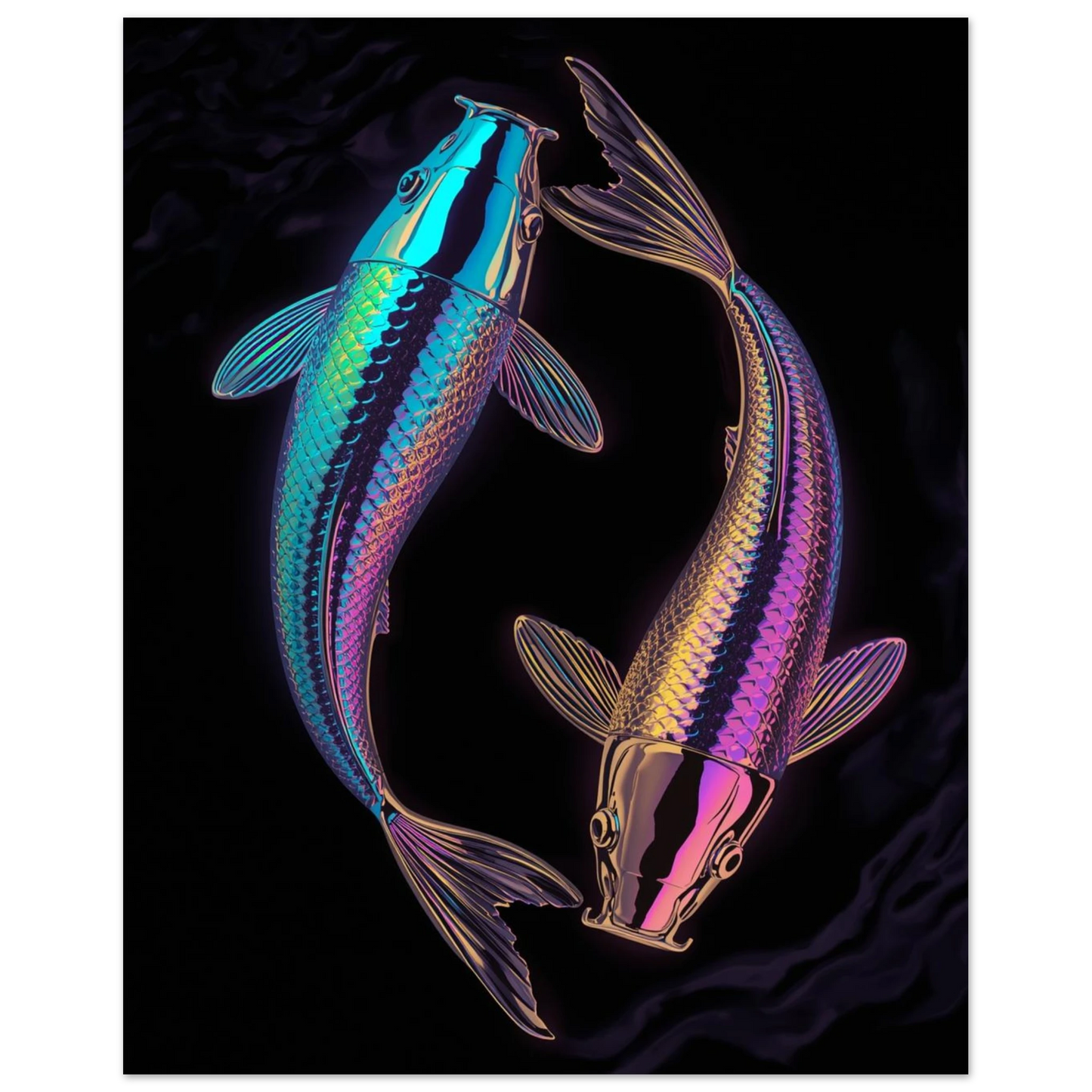 Neonfärgade koi-fiskar som dansar i cirkel med reflekterande färger – Tecknad poster