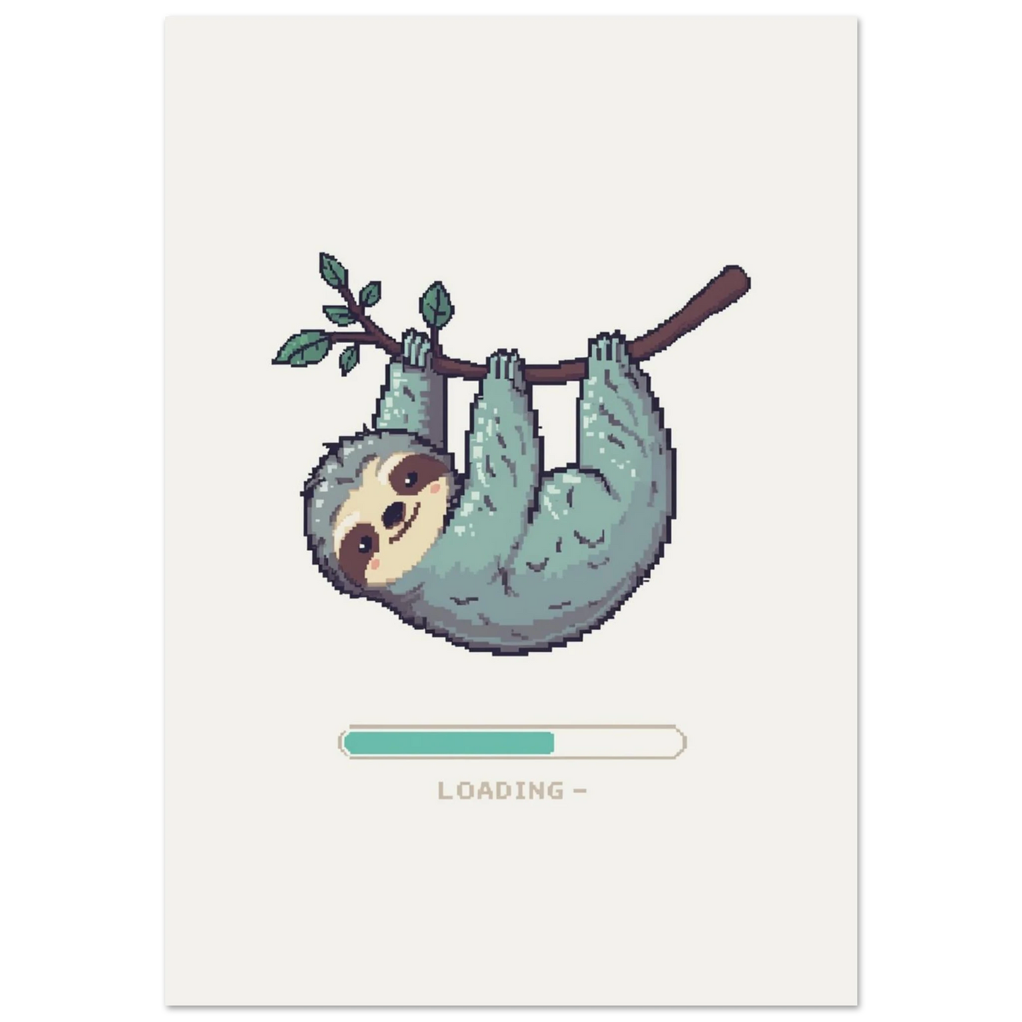 Pixel art sengångare hänger på gren med loading-bar, vit bakgrund