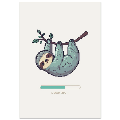Pixel art sengångare hänger på gren med loading-bar, vit bakgrund