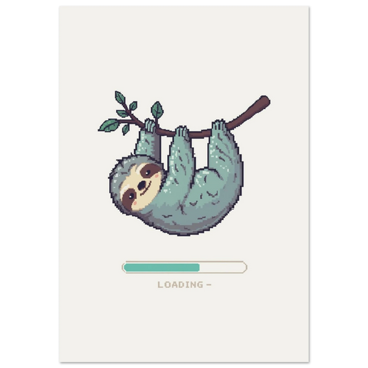 Pixel art sengångare hänger på gren med loading-bar, vit bakgrund