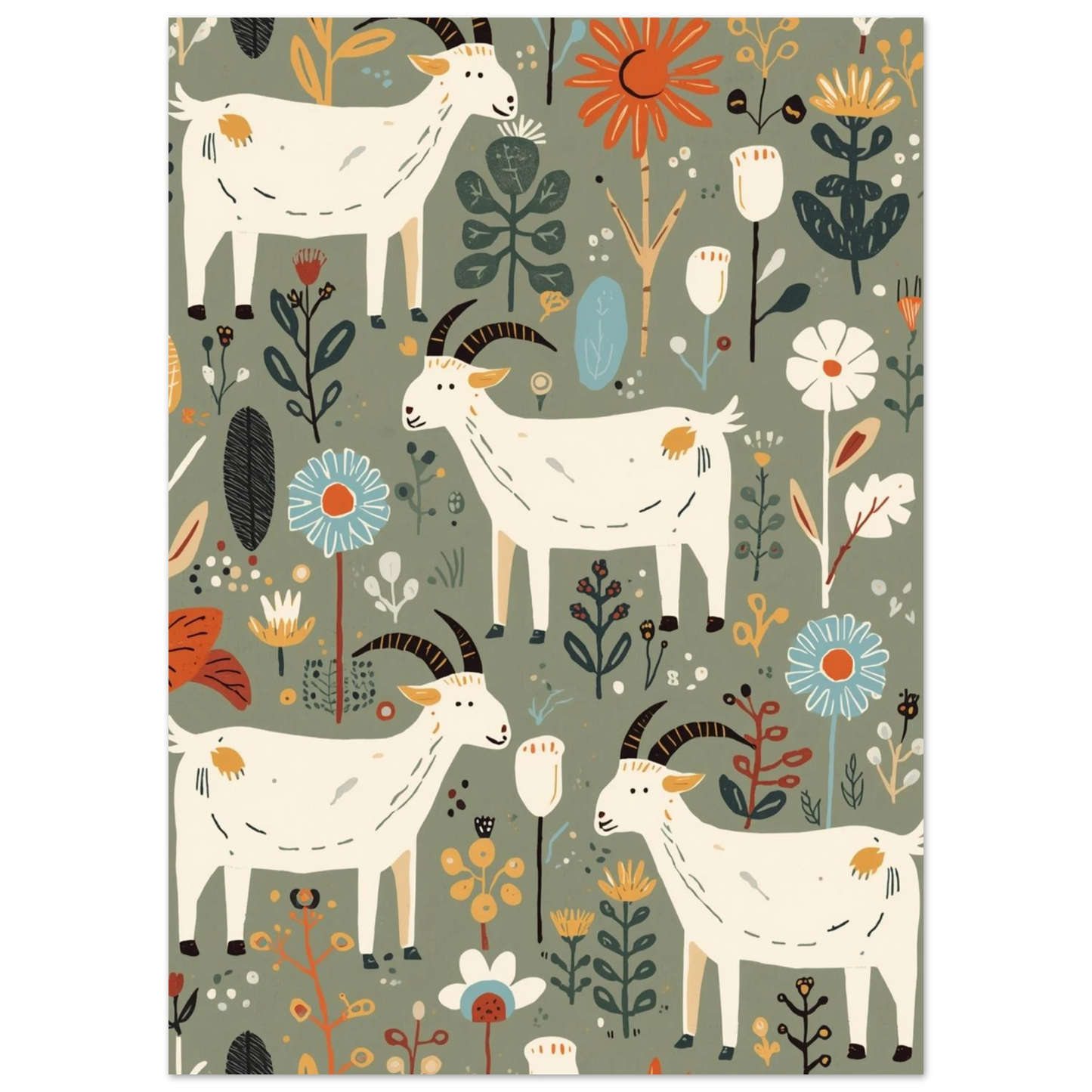 Närbild på stiliserade getter och blommor i 60-talsstil – retro print