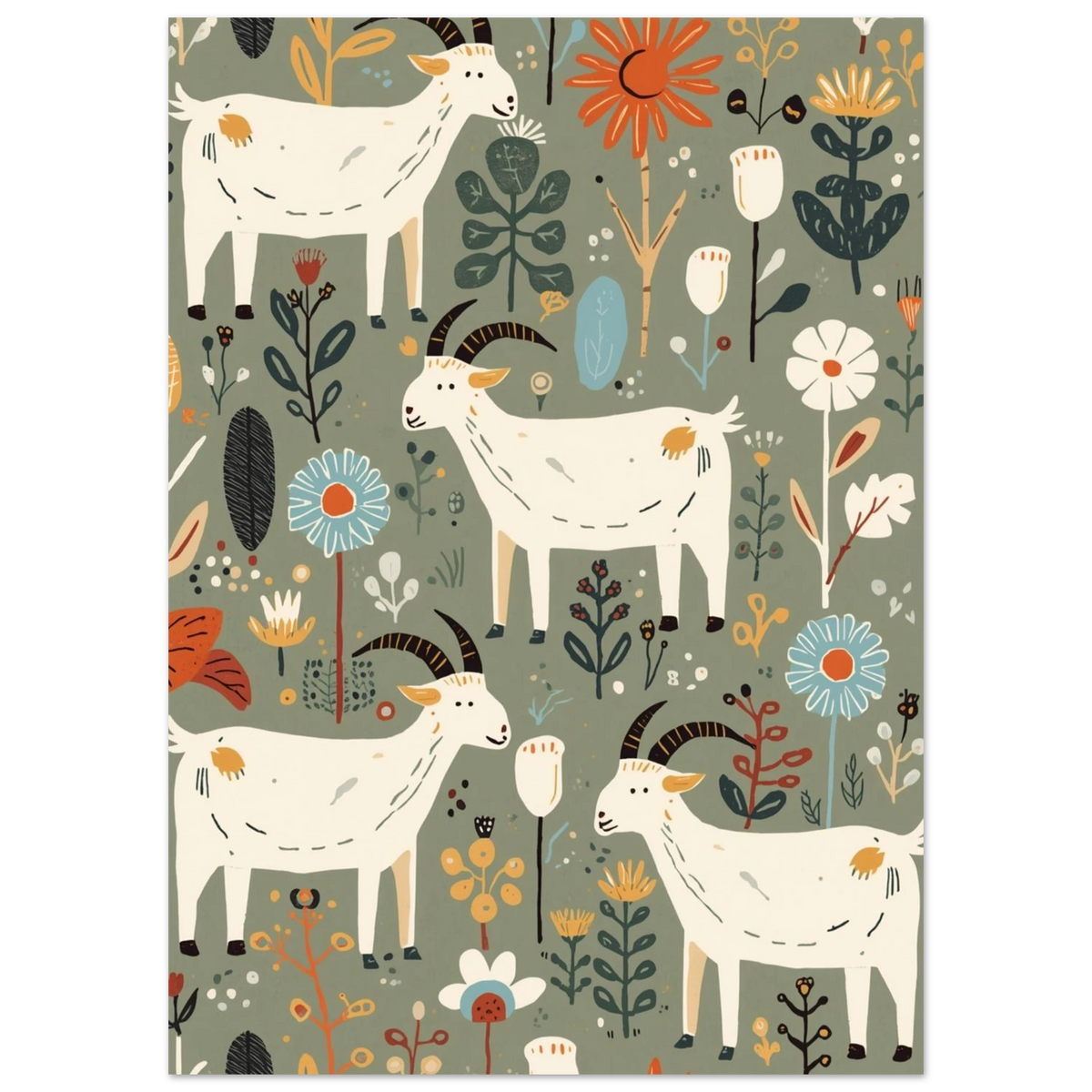Närbild på stiliserade getter och blommor i 60-talsstil – retro print