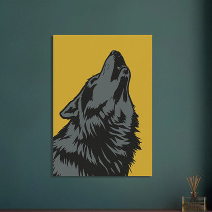 Varg i grafisk stil, ylande mot en gul bakgrund, uttrycker vildhet