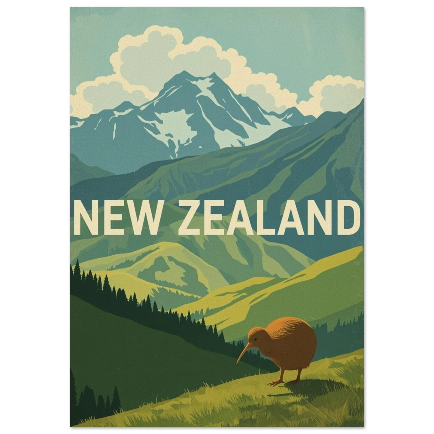 Kiwi i bergigt landskap på vintageposter med texten New Zealand