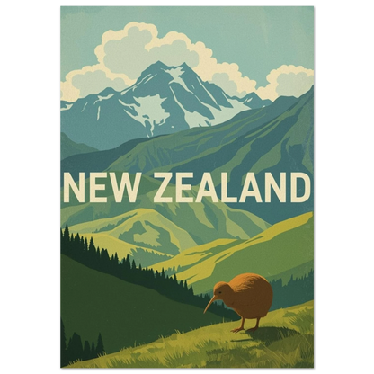Kiwi i bergigt landskap på vintageposter med texten New Zealand