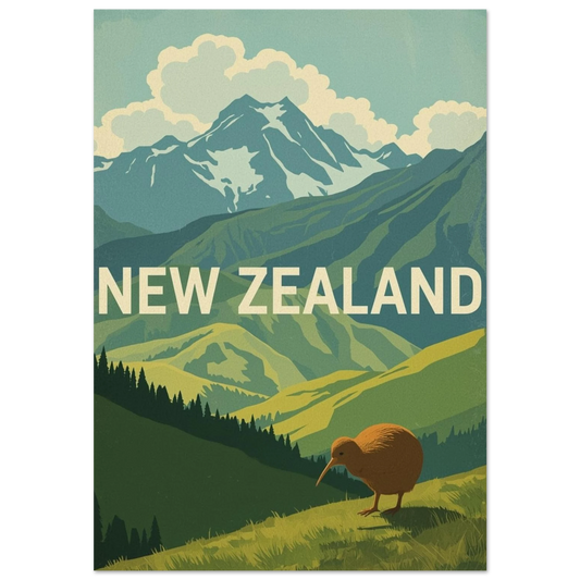 Kiwi i bergigt landskap på vintageposter med texten New Zealand
