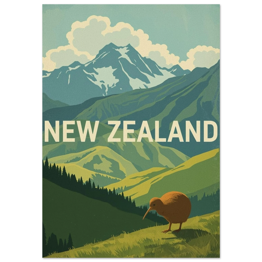 Kiwi i bergigt landskap på vintageposter med texten New Zealand