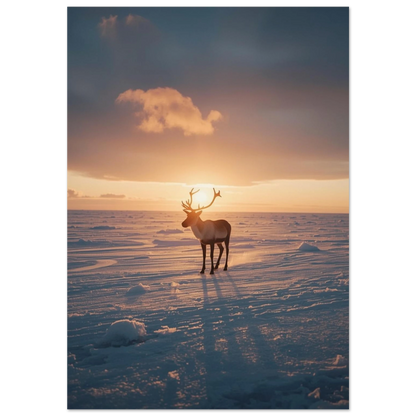 Ren i silhuett mot gyllene solnedgång på snötäckt tundra – fotoposter