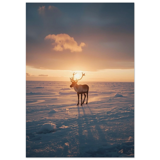 Ren i silhuett mot gyllene solnedgång på snötäckt tundra – fotoposter