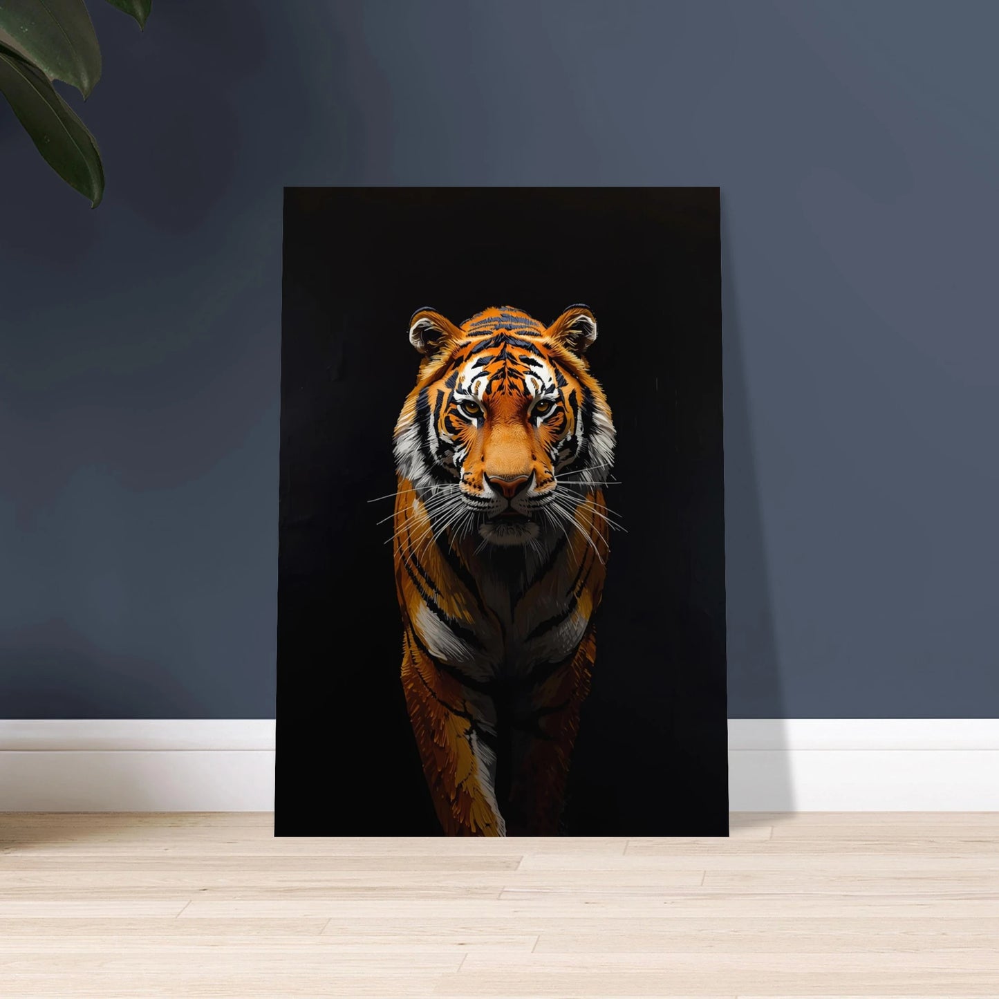 Intensiv tiger i impasto oljemålning, mörk bakgrund, konstnärlig djurposter.