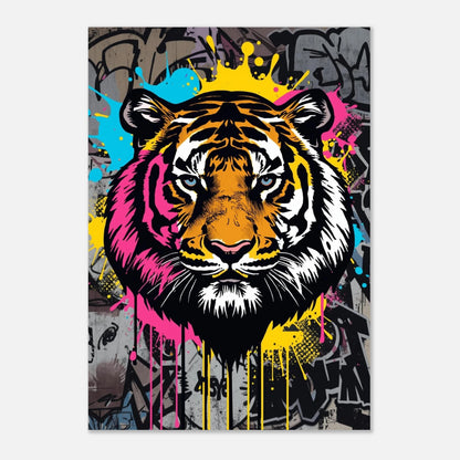 Grafisk poster med ett tigerhuvud i färgstark och rå illustrationsstil
