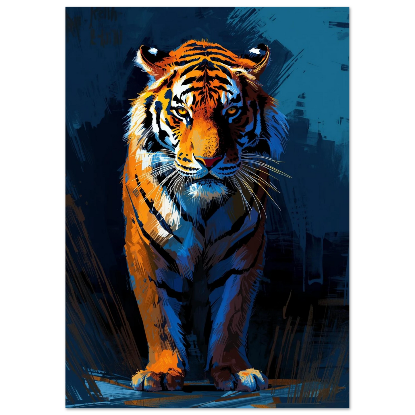 Ståtlig tiger i helfigur med intensiva gula ögon – konstnärligt print