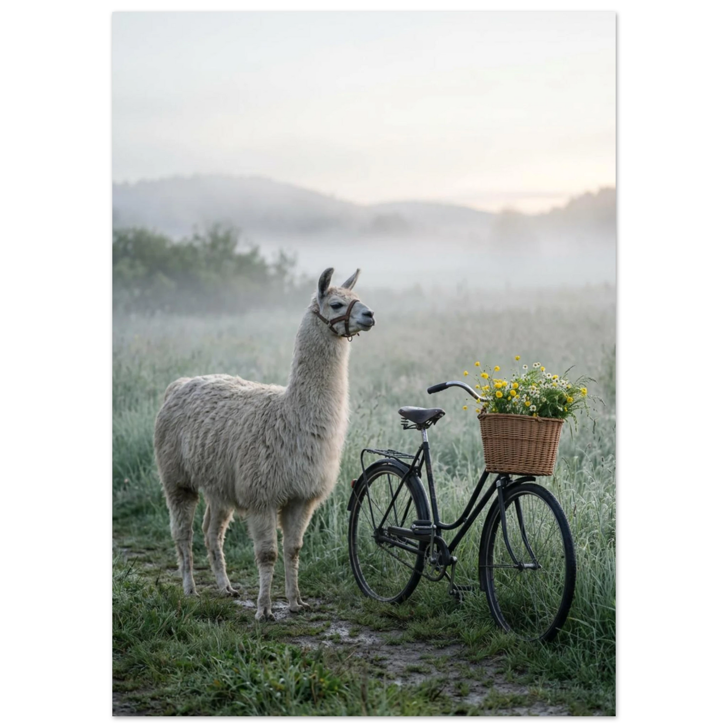 Elegant lama i dimmigt landskap bredvid vintagecykel med blommor.