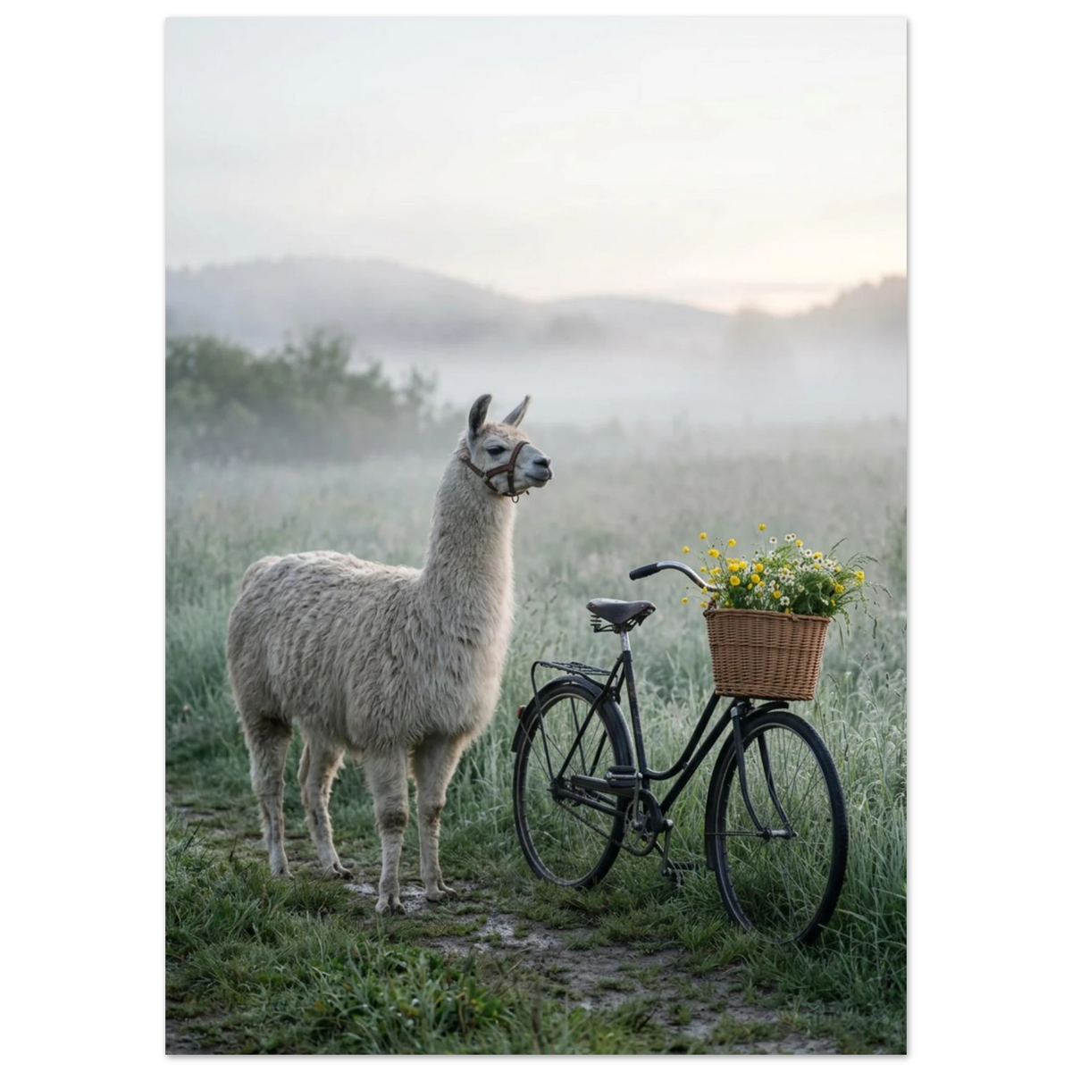 Närbild på en lama vid en cykelkorg fylld med vildblommor – djurposter