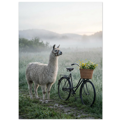 Elegant lama i dimmigt landskap bredvid vintagecykel med blommor.