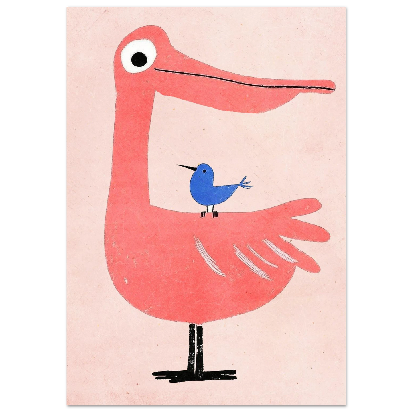 Rosa pelikan med en blå fågel på ryggen, minimalistisk illustration