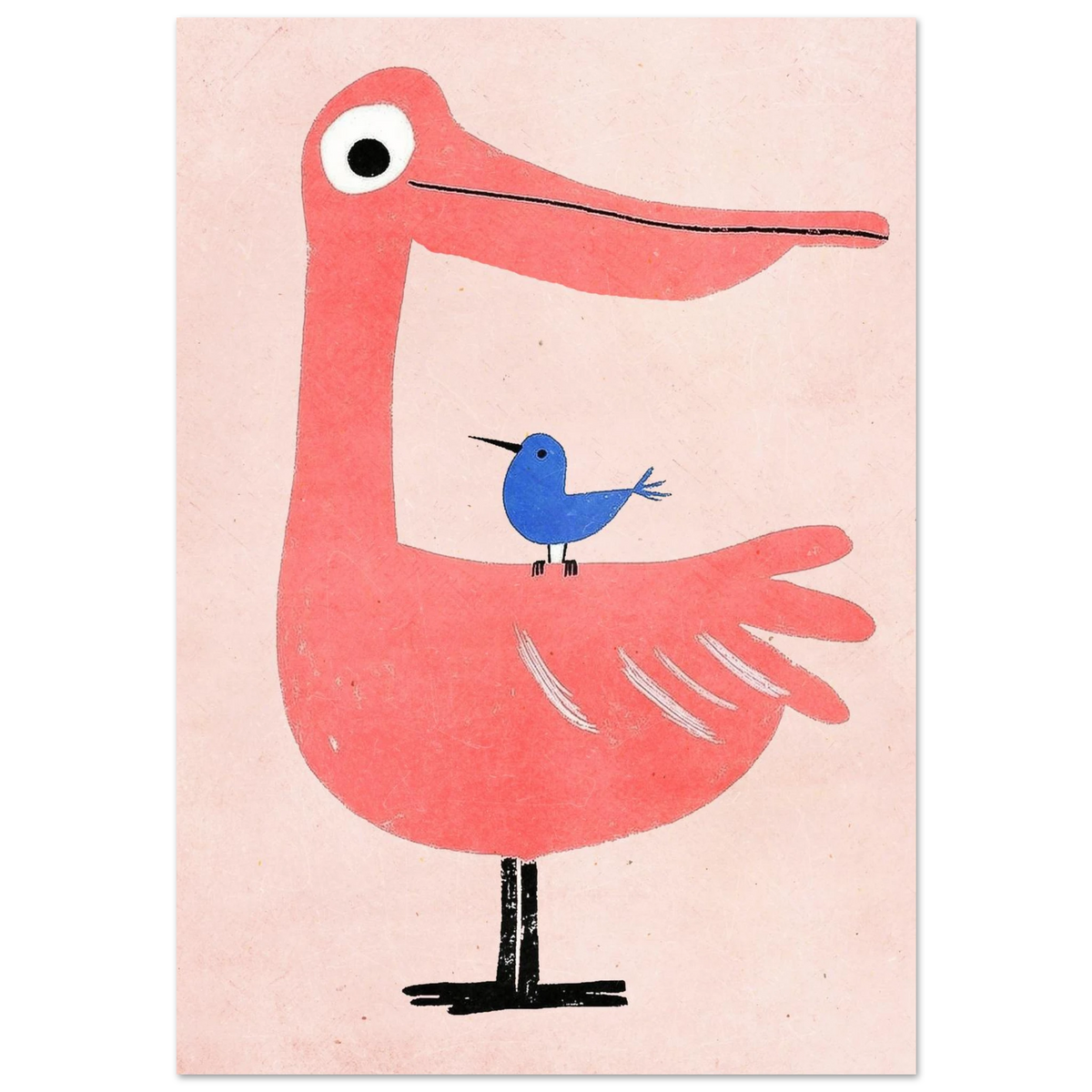 Rosa pelikan med en blå fågel på ryggen, minimalistisk illustration