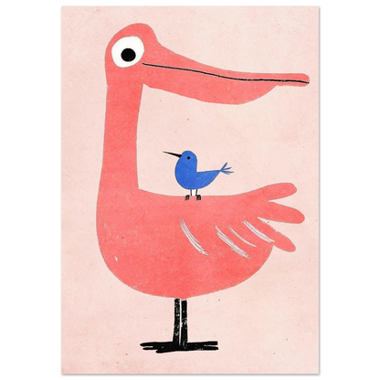 Rosa pelikan med en blå fågel på ryggen, minimalistisk illustration