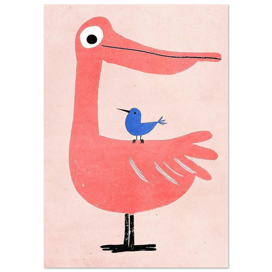 Rosa pelikan med en blå fågel på ryggen, minimalistisk illustration