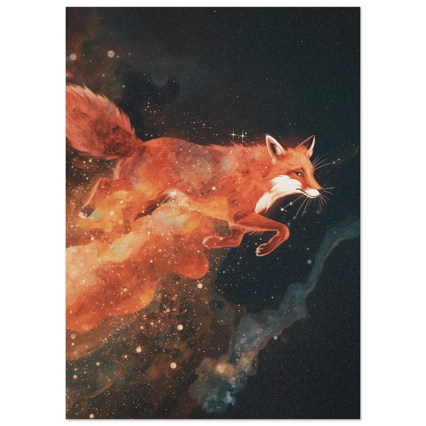 Akvarellmålning av en räv som hoppar bland stjärnor och galaxer