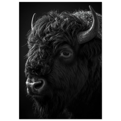 Närbild av bisonoxens öga och lockiga päls i svartvitt – print