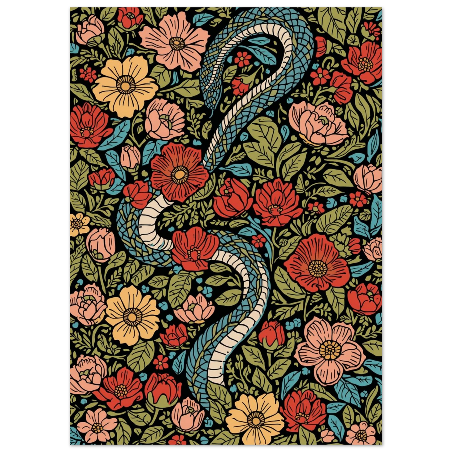 Detaljrik djurposter med blåfjällig orm och färgstarka blommönster på svart