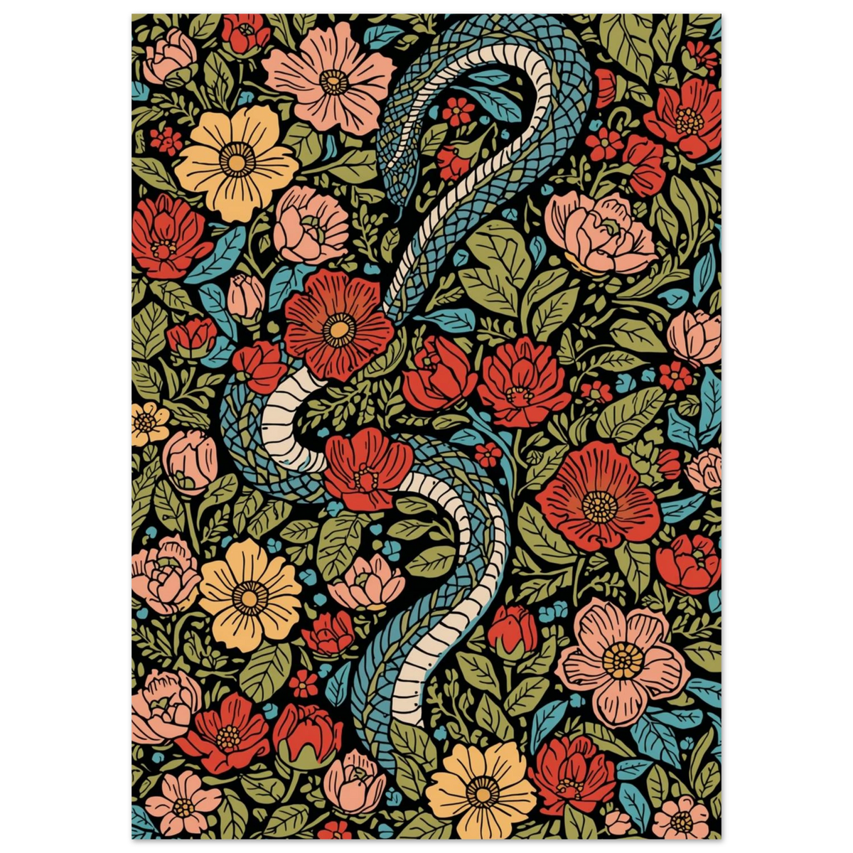 Detaljrik djurposter med blåfjällig orm och färgstarka blommönster på svart