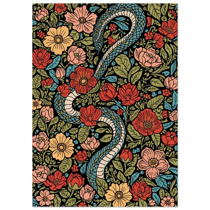 Detaljrik djurposter med blåfjällig orm och färgstarka blommönster på svart