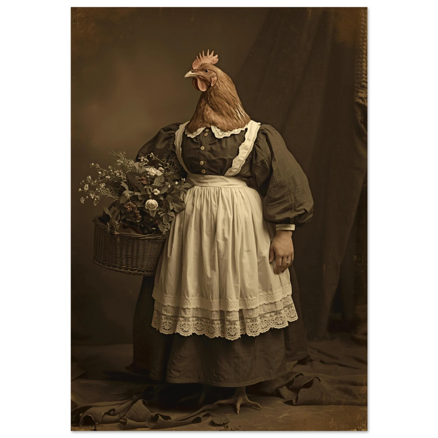 Brun höna i mörk viktoriansk klänning med vitt spetsförkläde, vintage-stil