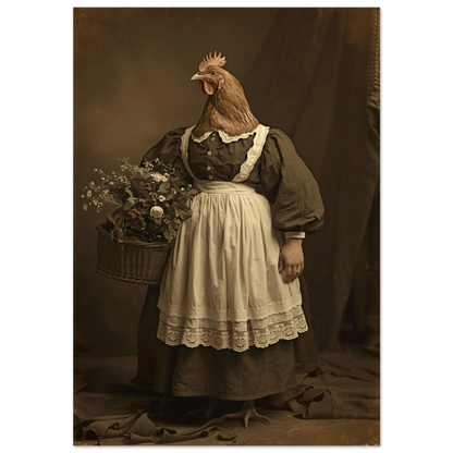 Brun höna i mörk viktoriansk klänning med vitt spetsförkläde, vintage-stil