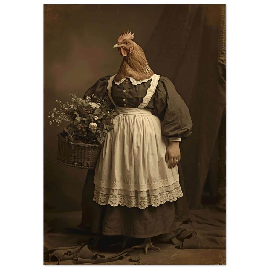 Brun höna i mörk viktoriansk klänning med vitt spetsförkläde, vintage-stil
