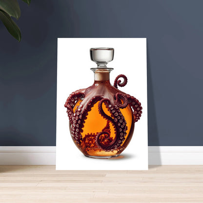 Bläckfisk som omfamnar en whiskykaraff, mystisk och konstnärlig design.