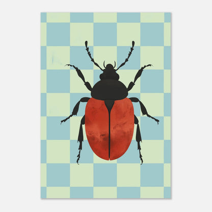 Färgglad väggkonst med en röd skalbagge i lekfull grafisk design
