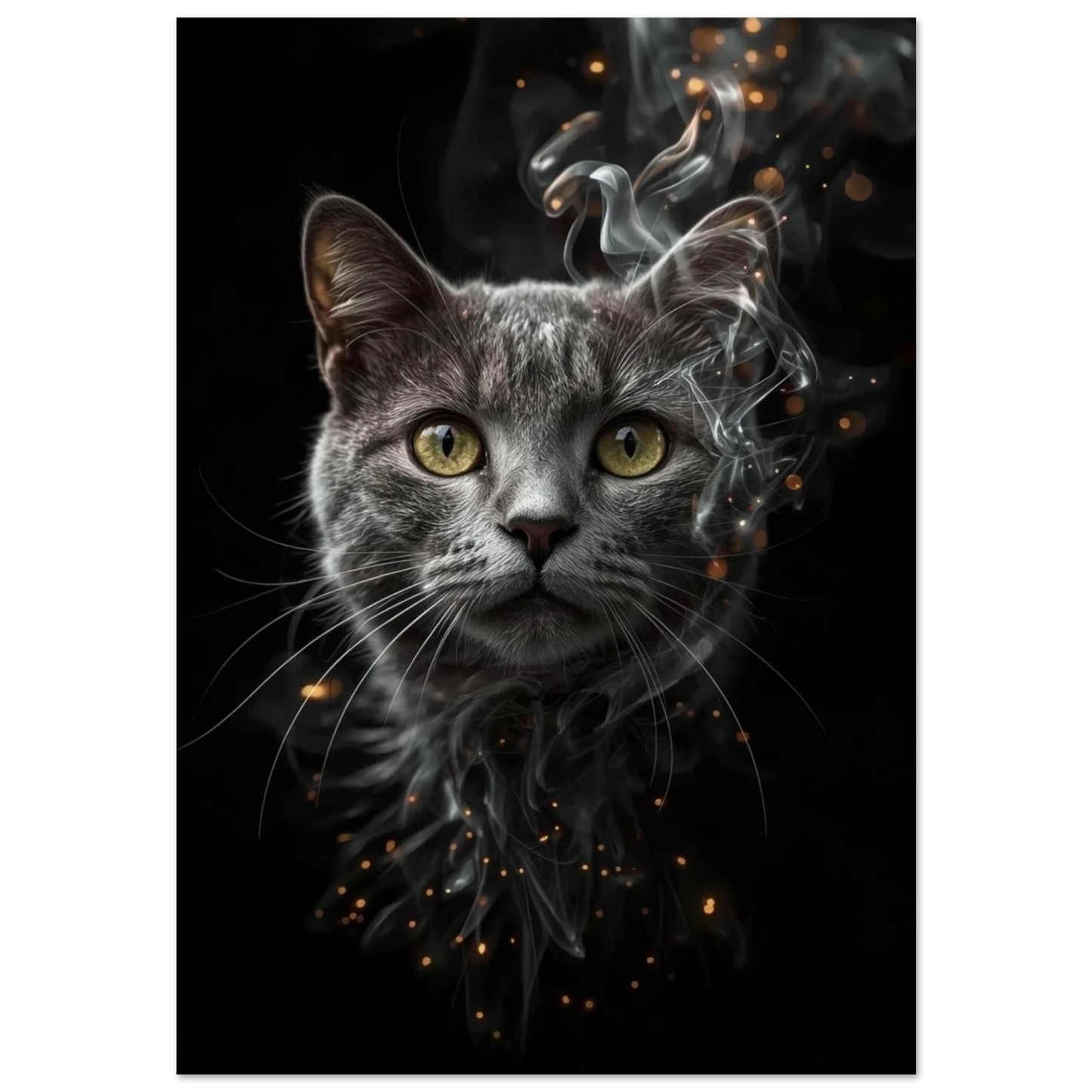 Grå katt med gula ögon omgiven av rök och gnistor – digital djurposter