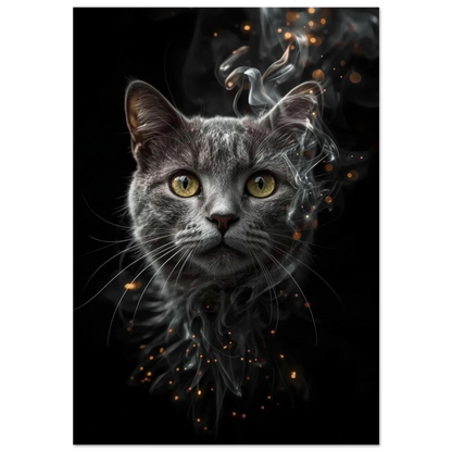 Grå katt med gula ögon omgiven av rök och gnistor – digital djurposter