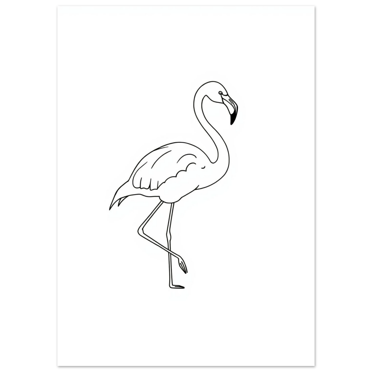 Svartvit illustration av en stående flamingo i profil, stilren väggkonst
