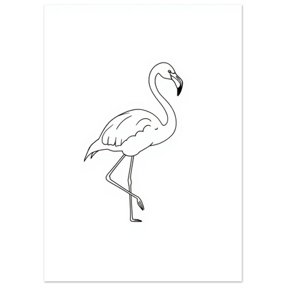 Svartvit illustration av en stående flamingo i profil, stilren väggkonst