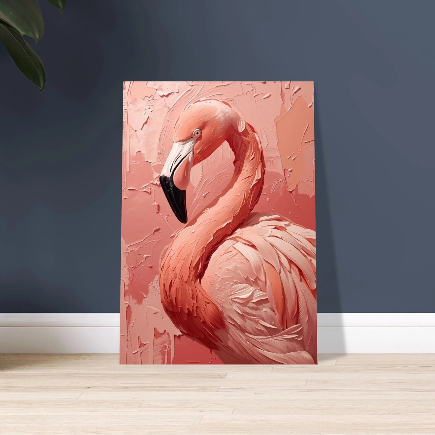 Flamingo i tjock impasto oljemålning, drömsk rosa konst