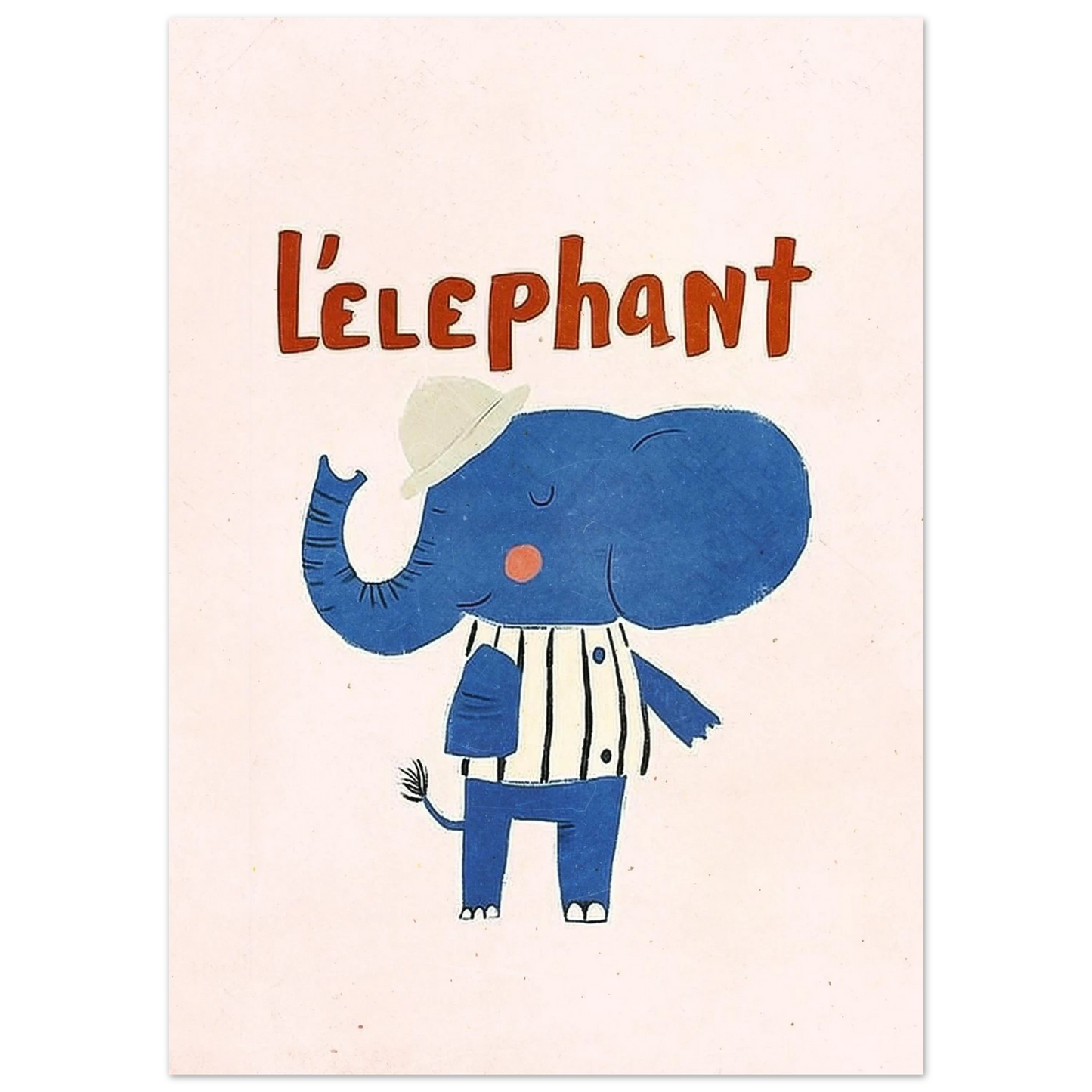Illustration av blå elefant med hatt och randig tröja