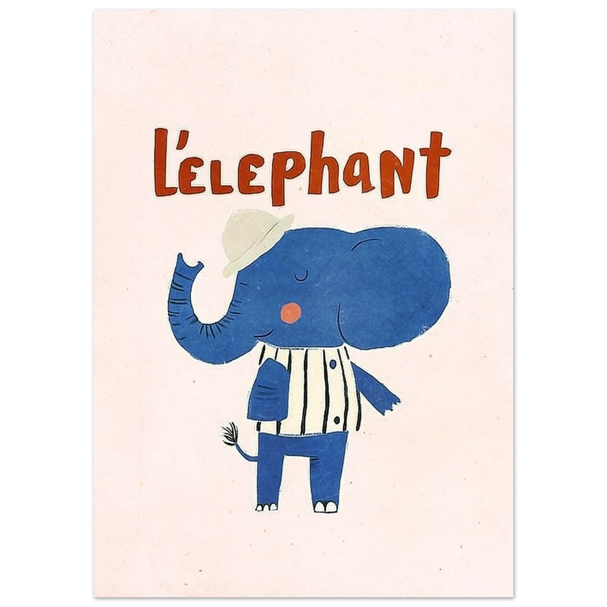 Illustration av blå elefant med hatt och randig tröja