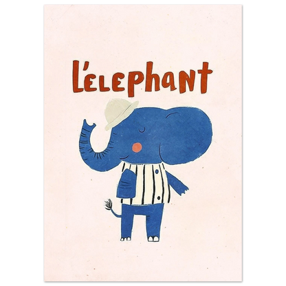 Illustration av blå elefant med hatt och randig tröja