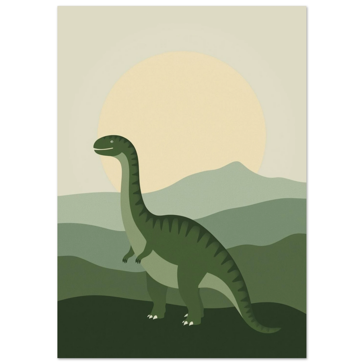Vänlig Brachiosaurus illustration i dova gröna toner för stilren barnrumsinredning