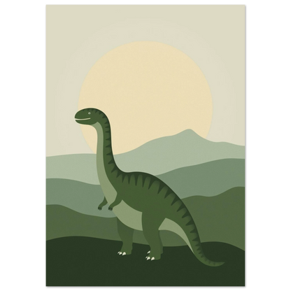 Vänlig Brachiosaurus illustration i dova gröna toner för stilren barnrumsinredning