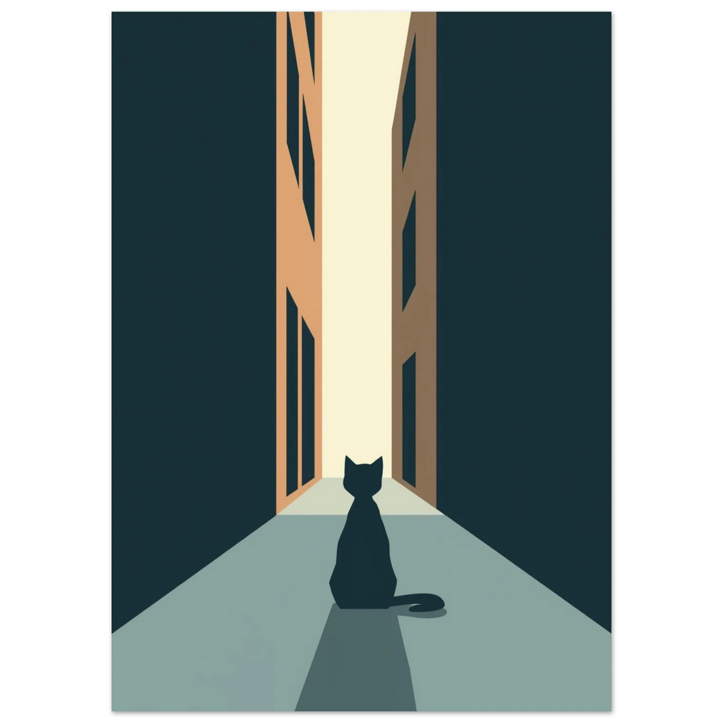 Grafisk illustration av en katt som väntar i en ljusfylld gränd