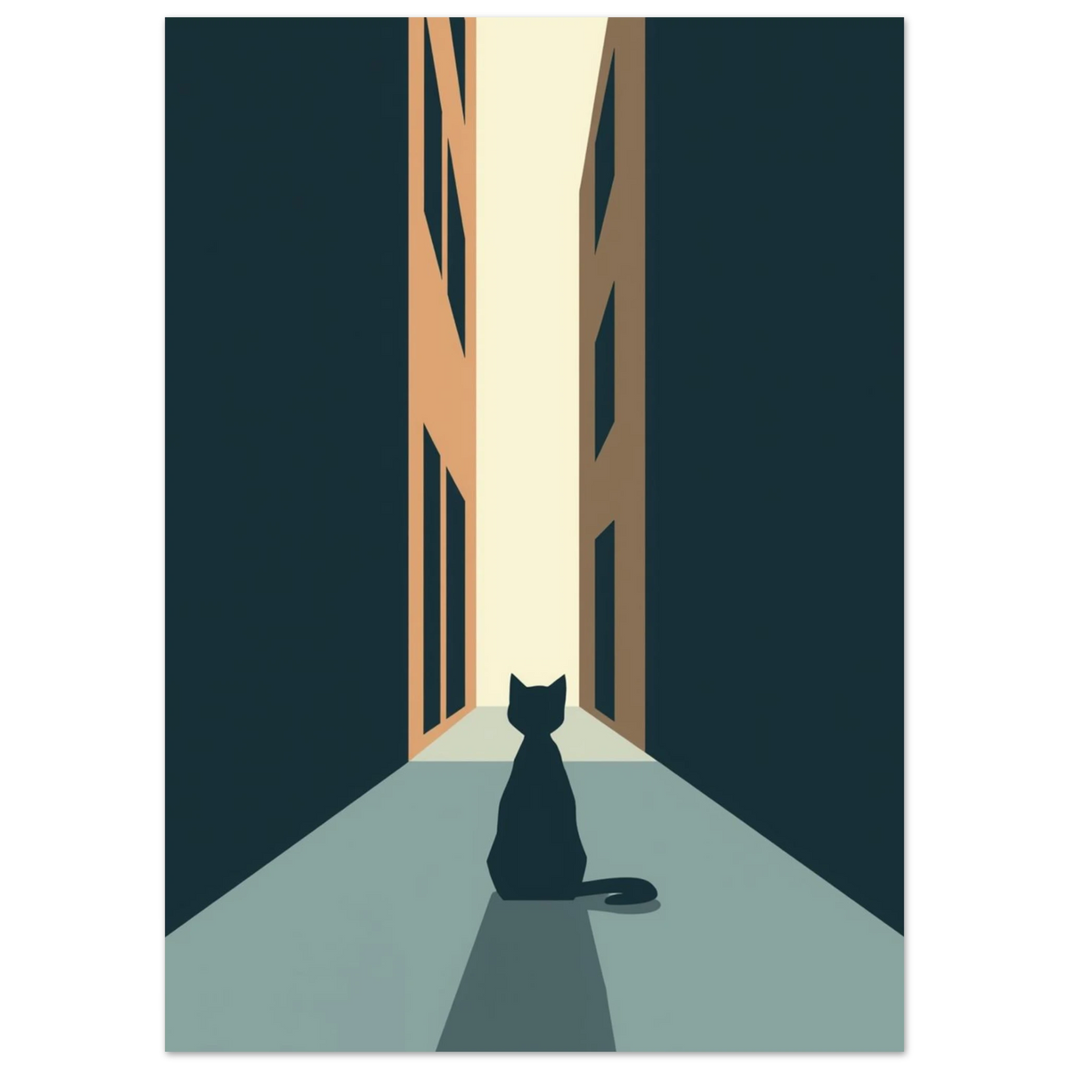 Grafisk illustration av en katt som väntar i en ljusfylld gränd