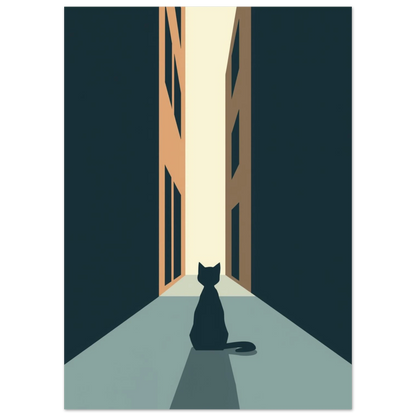 Grafisk illustration av en katt som väntar i en ljusfylld gränd