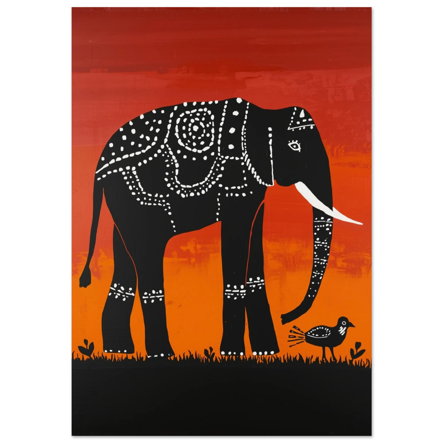 Svart elefant med vita mönster mot rödorange bakgrund – tribal djurposter