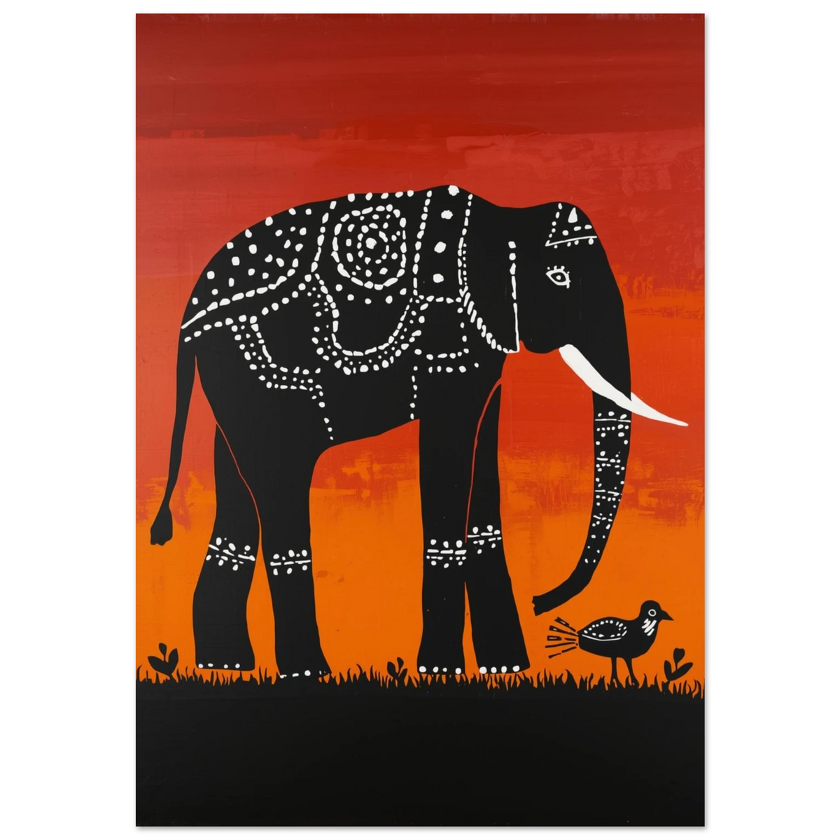 Svart elefant med vita mönster mot rödorange bakgrund – tribal djurposter