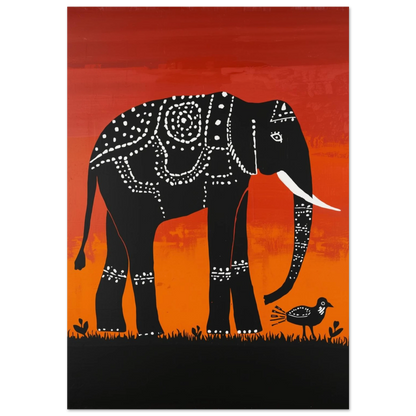 Svart elefant med vita mönster mot rödorange bakgrund – tribal djurposter