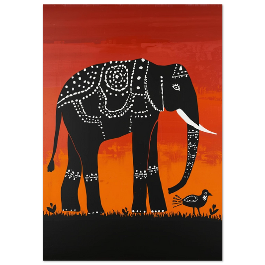 Svart elefant med vita mönster mot rödorange bakgrund – tribal djurposter